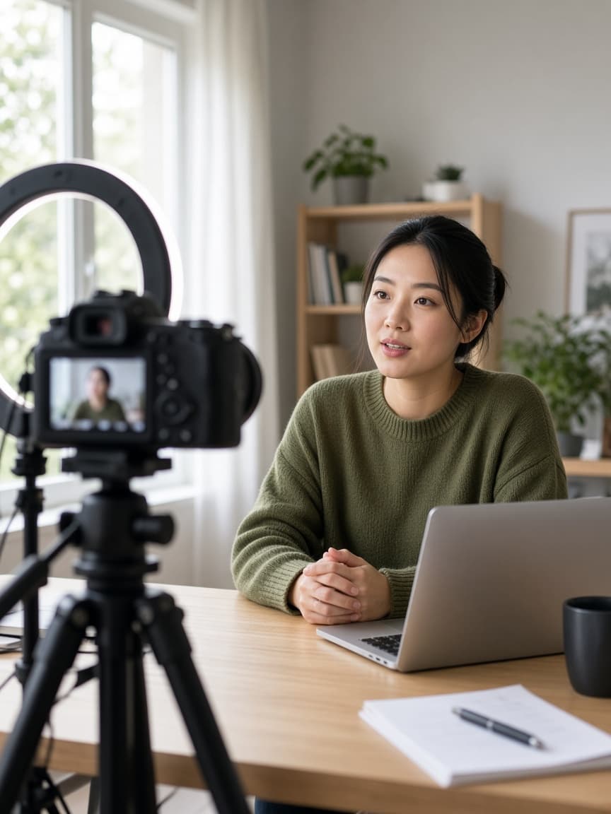 Illustrative YouTube creator recording a video in a home studio